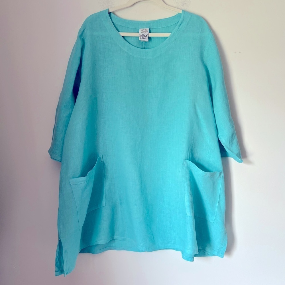 Match Point Aqua Linen Oversized Lagenlook Top Pockets Spring Summer Coastal